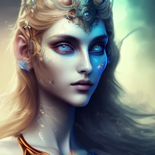 3D close-up of a beautiful ARTHURIAN LEGEND, sarcastic smile, high contrast, glowing backlighting, blue and red backlighting, vibrant hair, dark brown eyes, sharp focus, high makeup, medium face painting, background blur.