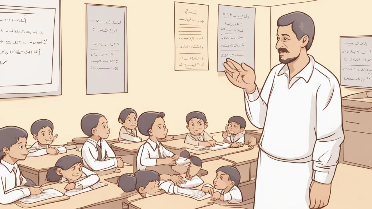 A male teacher explaining in a primary school, Egyptian skin, only five fingers on the hand