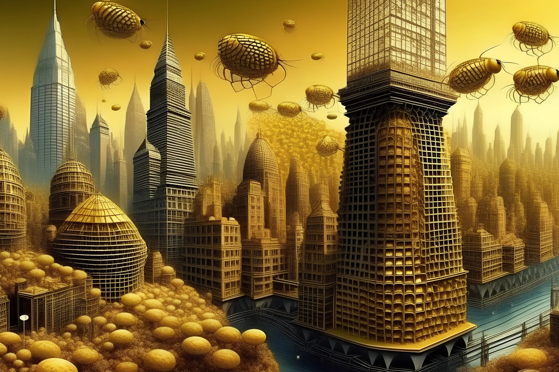 1920s New York City made of honeycomb in a giant wax bee hive, fantasy, digital art