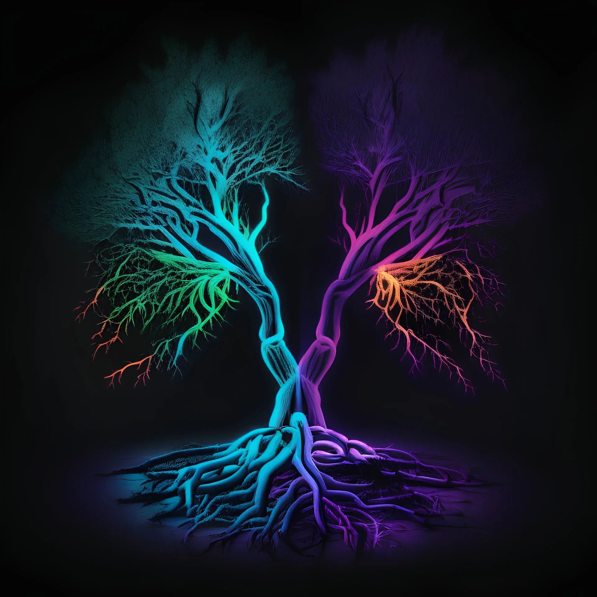 two trees with roots connected dark neon