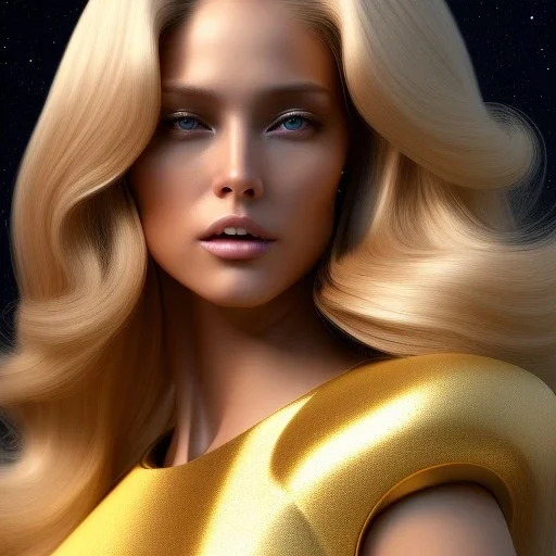 beautiful cosmic golden woman, long blond hair, nice smiling, magic glamour make up, delicate colors, beautiful glamour galactic golden dress, ultra sharp focus, 8k, unreal engine 5, extremely sharp detail, light effect, soft light atmosphere of a spaceship, smooth, full of details, face in front, complete vision of face and hair and body