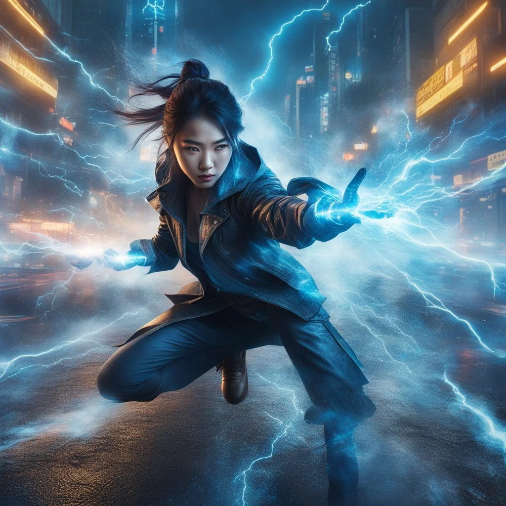 Photorealistic image of a fierce young Chinese woman in modern clothing style, dynamic pose, shoots a stream of blue lightning from her hands, in the middle of a city street, the girl is surrounded by many blue lightning, bioluminescent and magic dust. The image has vibrant colors, vivid contrasts and detailed octane rendering. Epic. Cinematic. Creative lighting.