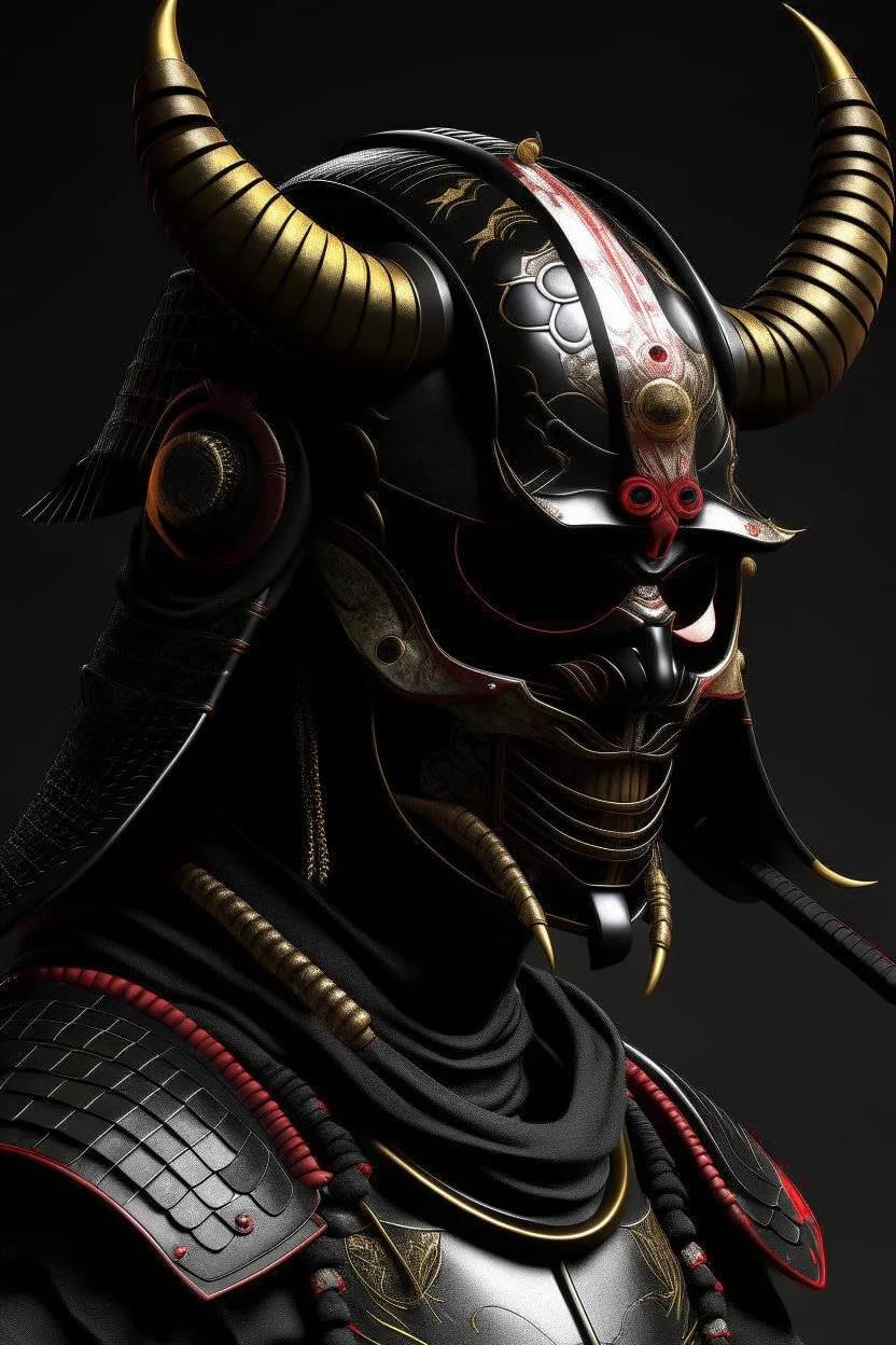 cyberounk samurai with crescent moon helmet and oni samurai mask