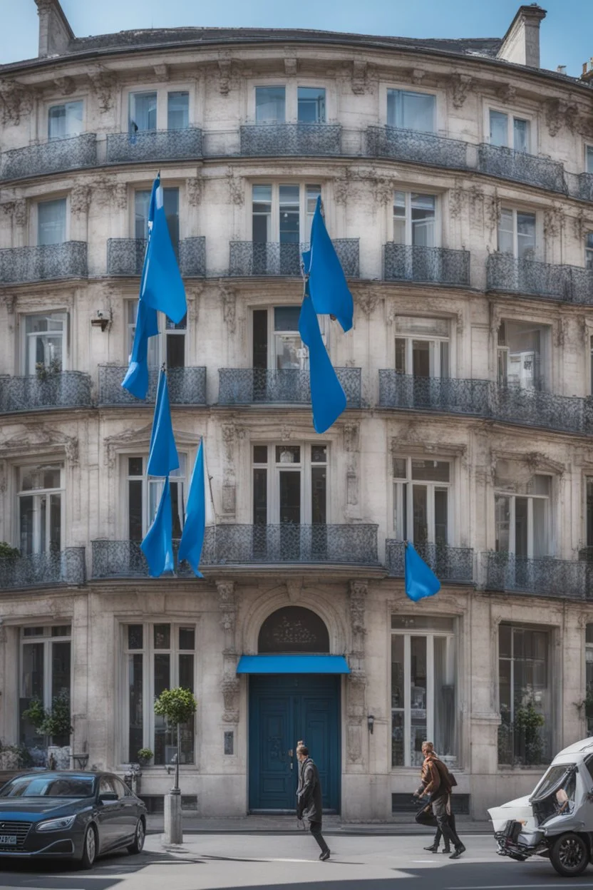 A full street in a big city with frech style building. The street is filled with blue flags