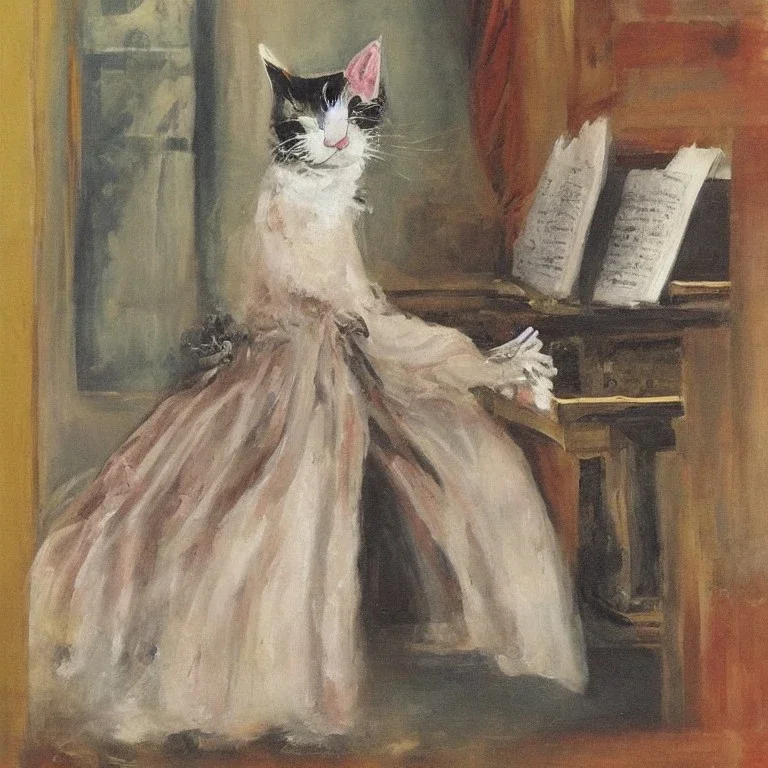 A cat in a historic dress is playing Piano. Background Music notes are dancing. Immpressionism