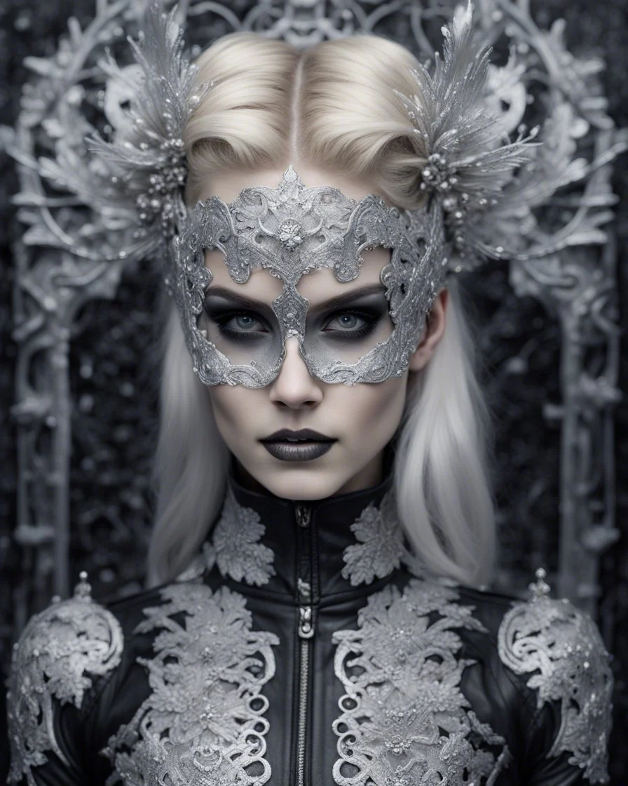 Beautiful faced young blond winter queen biomechanical woman, wearing silver goth punk metallic filigree floral face masque, adorned with goth punk silver metallic diadem headress, wearing biomechanical amalgamation style leather jacket dress ribbed with silver floral metallic filigree biomechanical vantablack pattern, organic bio spinal ribbed detail of gothic winter snowy backround extremely detailed maximalist hyperrealistic portrait