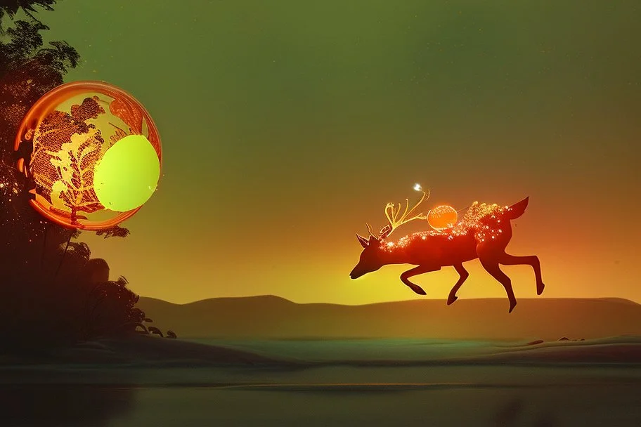 a globe made of glowing orange-red salt material covered in gold lace, about 60% of which is visible, with a glowing light inside, double exposure, in the foreground a black silhouette of a deer jumping dynamically, in the background a landscape with a beautiful forest and a waterfall in the sunlight