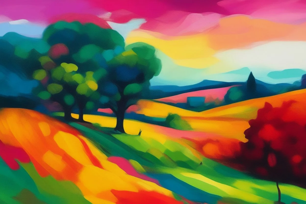 Paint a landscape in the style of Post- Impressionism, with bold colors and expressive brushstrokes.