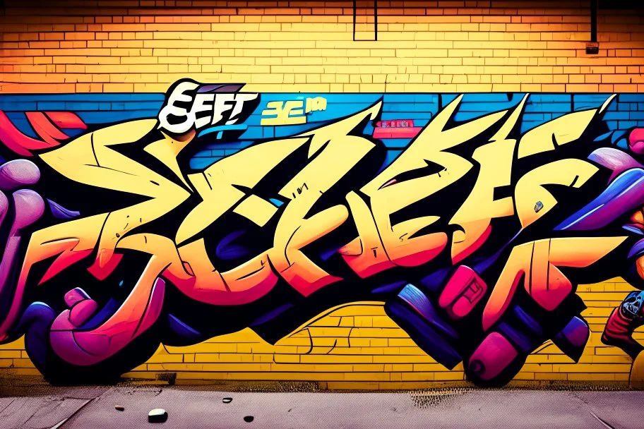 a graffiti mural wall with the word cell street fighter 6 style