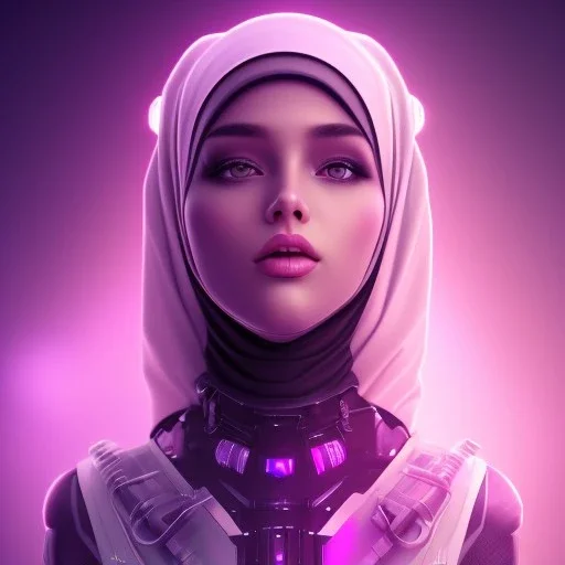 Cute girl face in hijab, Sci-fi character, purple backlight, pink and purple, scifi suit, profile, purple background, pink lighting