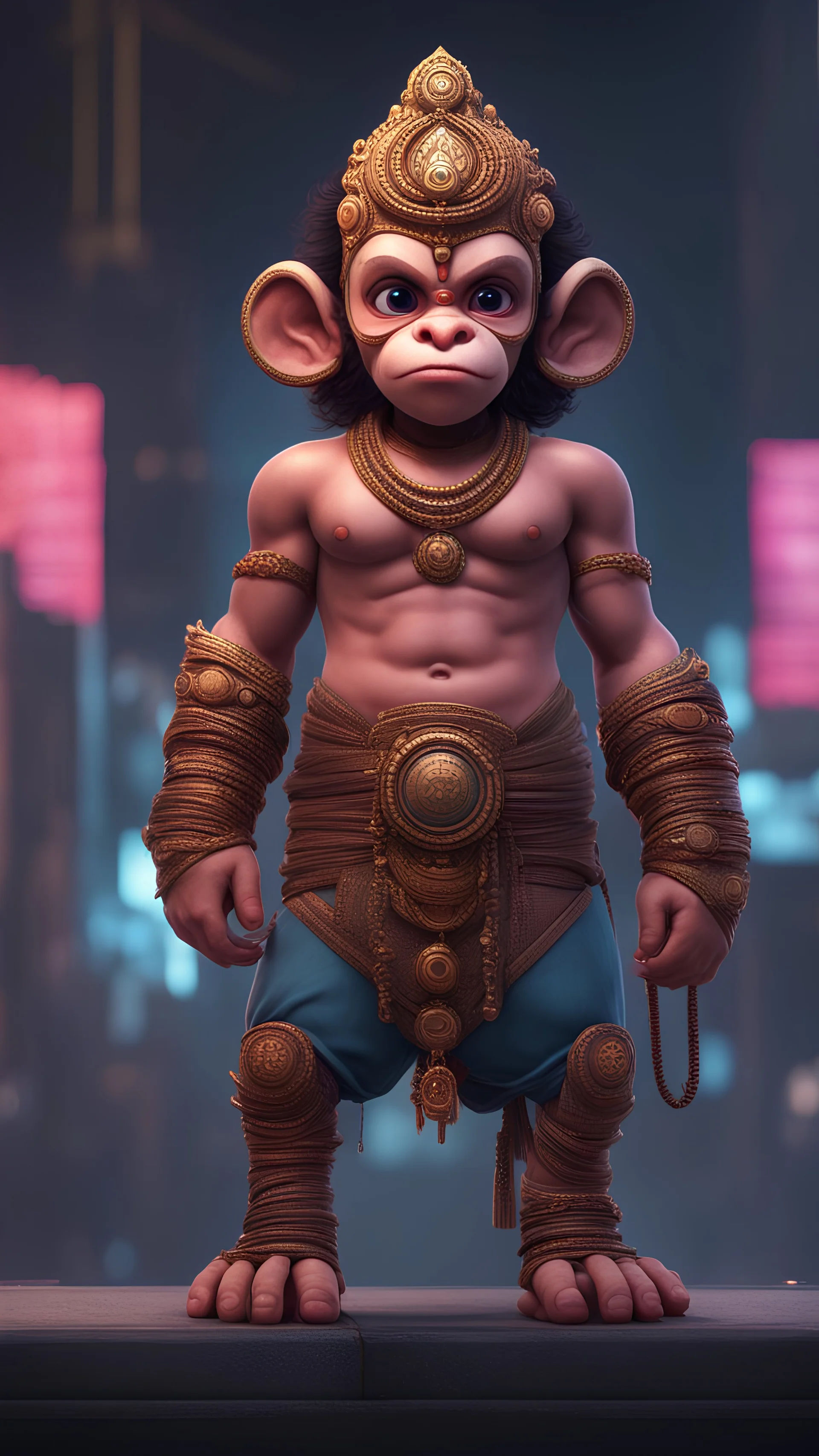 cartoon cute hanuman , Cyberpunk realism style, front view, 32k uhd, round,8k,HD