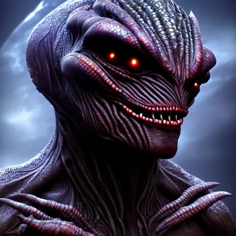 Evil humanoid alien with dark rough skin with scales, concept art, hyper realistic, photorealistic