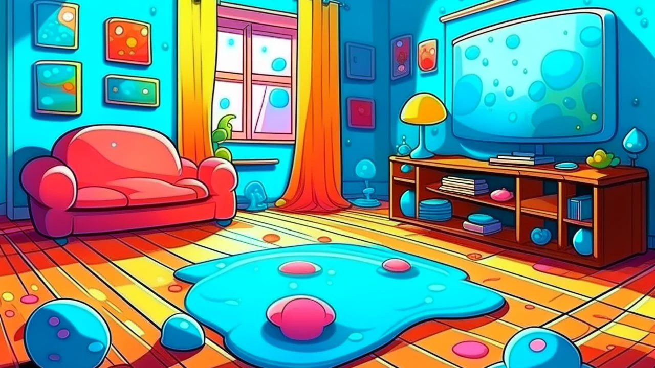 Fantasy cartoon illustration: Living room. On the floor there is a bright blue dot - it's a jelly bean!