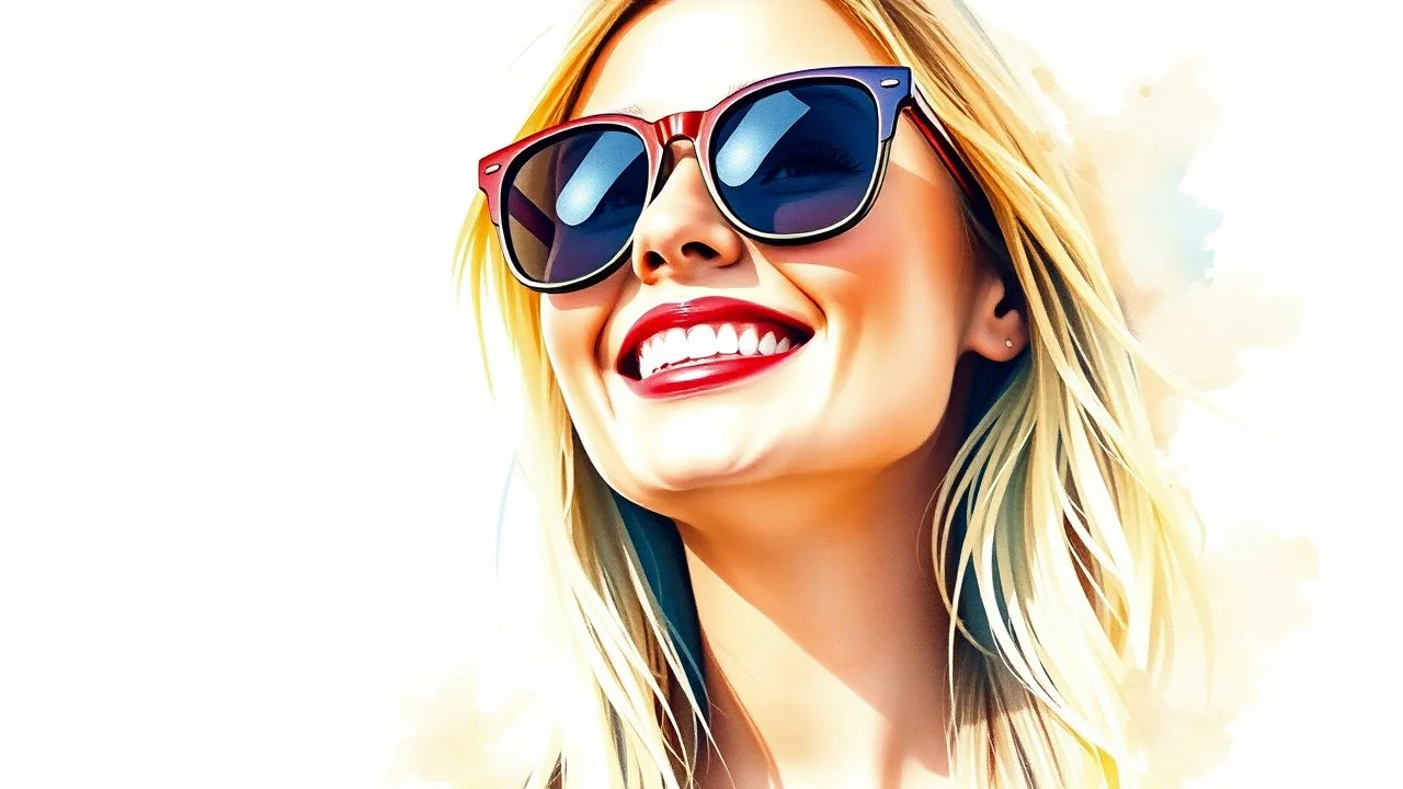 Watercolor happy blonde woman sunglasses portrait head and shoulders