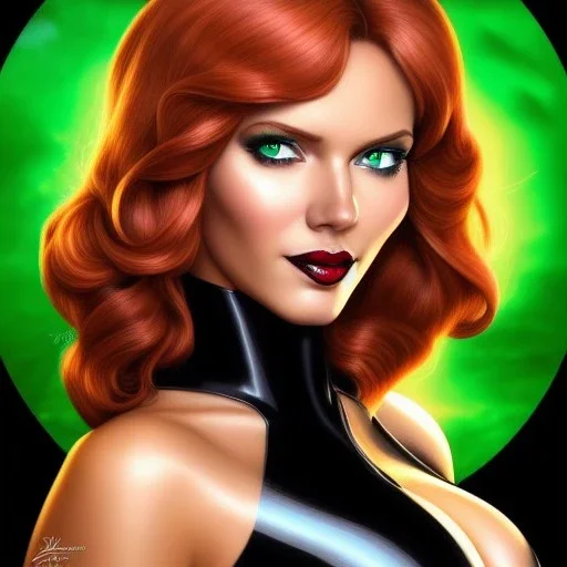 ultra detailed fullbody portrait of busty beautiful Black Widow, wearing skintight black costume, extremely detailed digital painting, intrincate, extremely detailed smiling face,crystal clear Big Green eyes, in the style of Adam Hughes , mystical colors , perfectly centered image, perfect composition, rim light, beautiful lighting,8k, stunning scene, raytracing