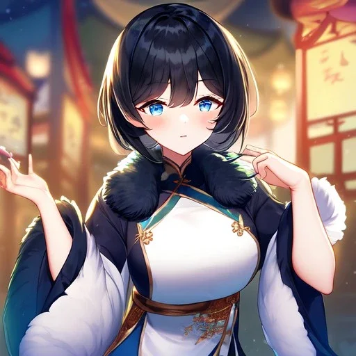 Clear focus,High resolution, Black short fluffy hair, and blue eyes, wearing a Chinese Traditional outfit dark green with black, Blushing, Hand up, white fur around her neck