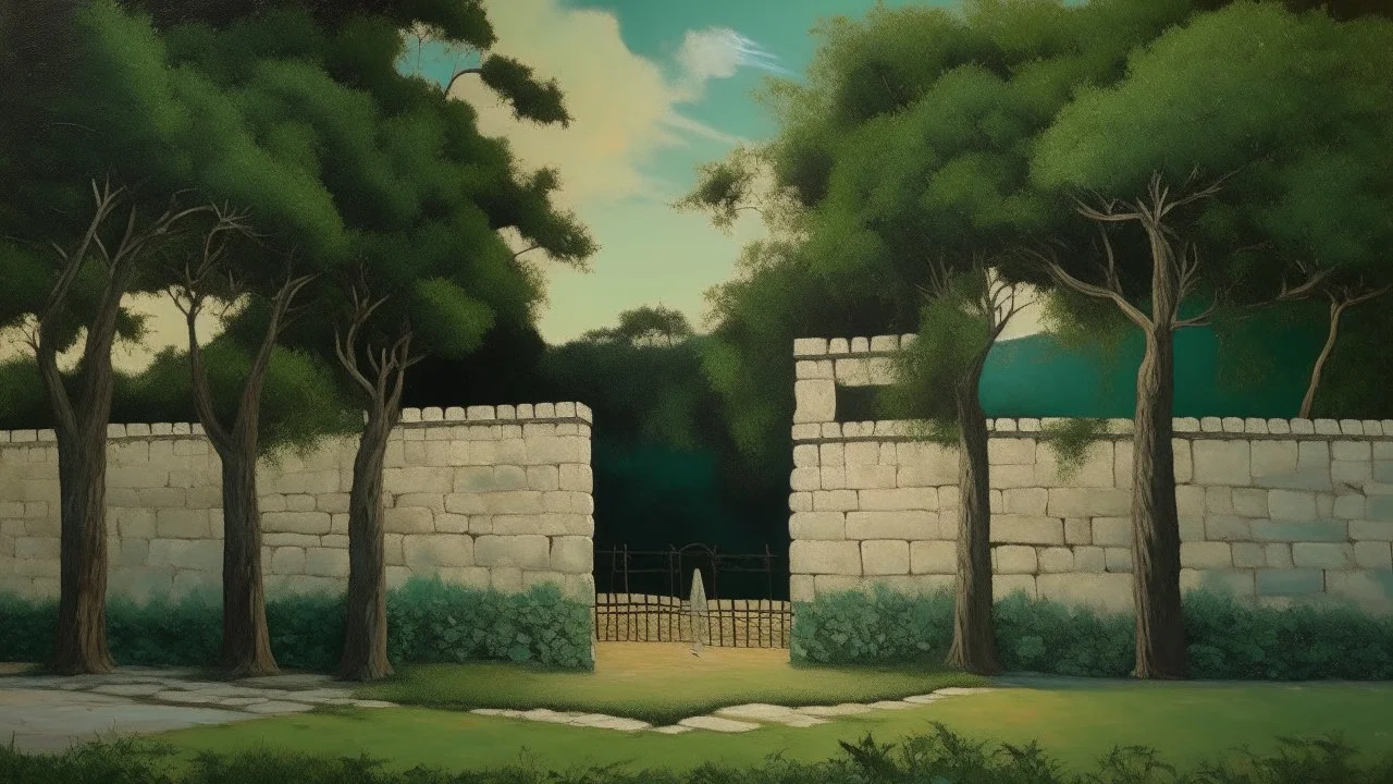 A landscape painting of an ancient white stone wall with a black metal barred gate centered in the composition. The weathered stone wall extends horizontally across the entire width of the image. Two tall dark green cypress trees stand behind the wall against a pale blue sky. The foreground features a still pool of water that perfectly mirrors the wall, gate, and trees. The evening light casts long shadows across the textured stone surface of the wall. Traditional landscape oil painting with pre