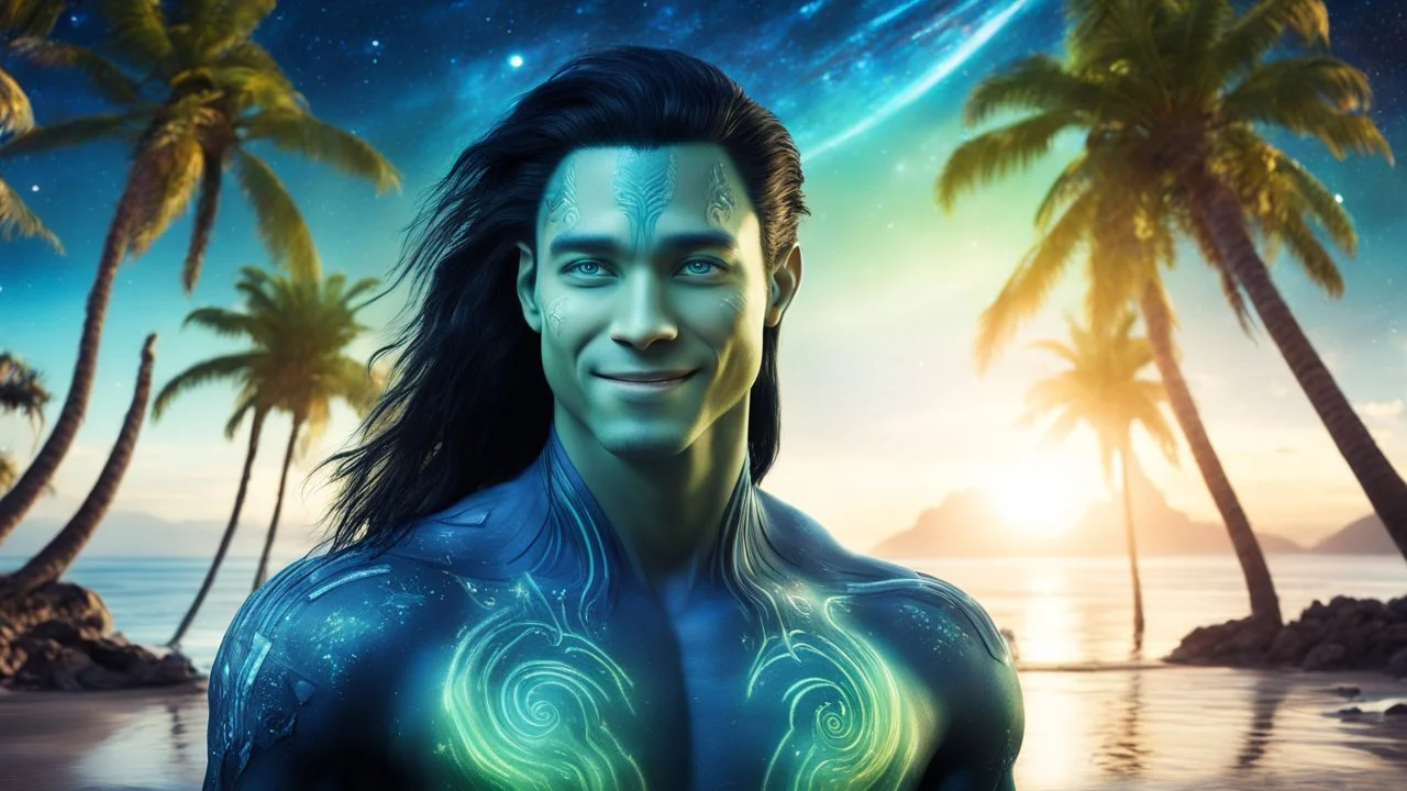 beautiful gorgeous young man na'vi with long hair, Avatar, blue skin, two small ears, green eyes, black hair, in cosmic suit, galactic ambiance, smiling, with spaceship and planets and palm trees and clear crystaline cosmic beach in background