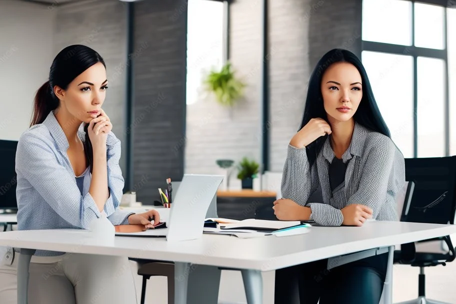 Beautiful problem solving woman in a modern office in sunshine