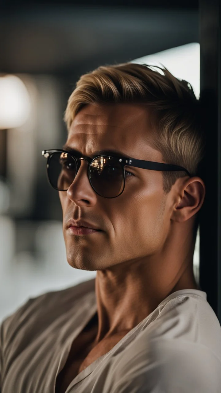 portrait of a 35 year old man very handsome with a sharp Jawline. lightly tanned skin. blonde hair cut short, clean shaven, wearing glasses