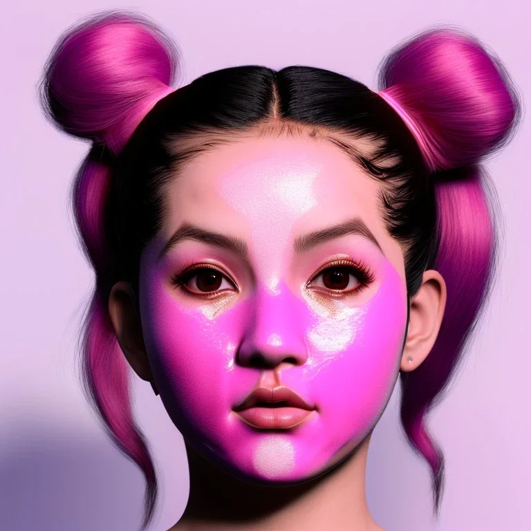 perfect symmetry,Rosalía artist, traditional Japanese mask, pink eyeliner, pigtails hair, gold, pink, geisha, led lights, fog, rain, latex, soft color, highly detailed, art stations, concept art, smooth, unreal engine 5, god rays, ray tracing, RTX, lumen lighting, ultra detail, volumetric lighting, 3d, finely drawn, high definition, high resolution.