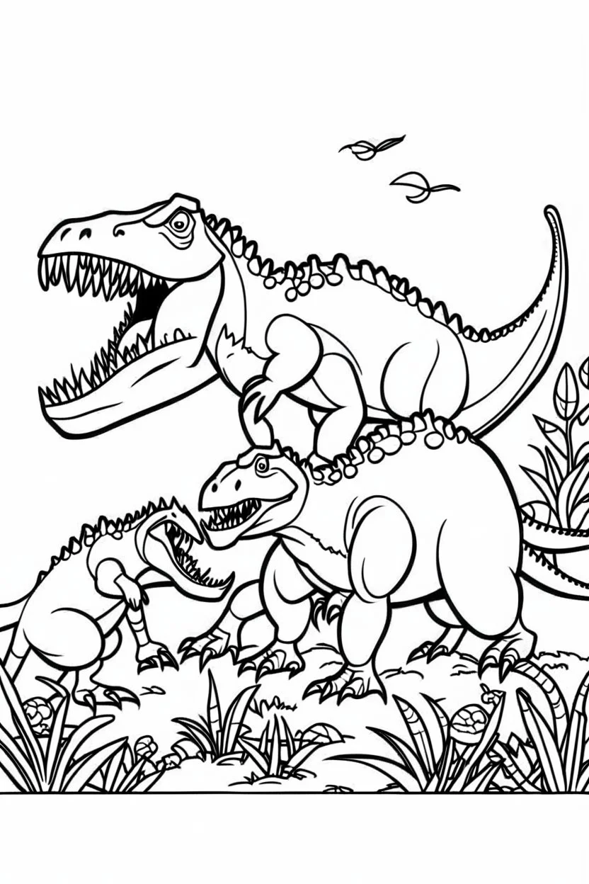 A coloring page, white backgrounda Depict a T-Rex family participating in a group learning activity, such as practicing their hunting skills or identifying different plant species, with the parents guiding their offspring through the process. ink drawing clipart, simple line