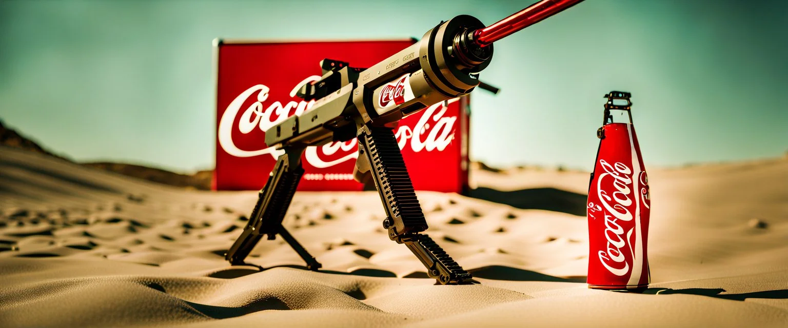 Coca-Cola Branded Military Suicide Gun Drone, Isreali Desert, cinematic, Fuji Film, Anamorphic lens, 2040s, deep depth of field, in a Cyber punk WW3 film