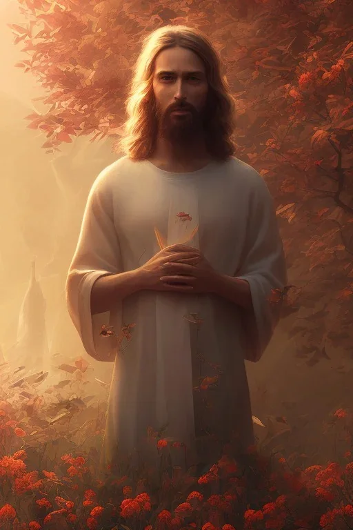 Jesus portrait , detailed hands, at dawn by atey ghailan, golden light , white robe, leaves and flowers , angels background, volumetric light, high detail, red leaf tree, mountains in background, perfect