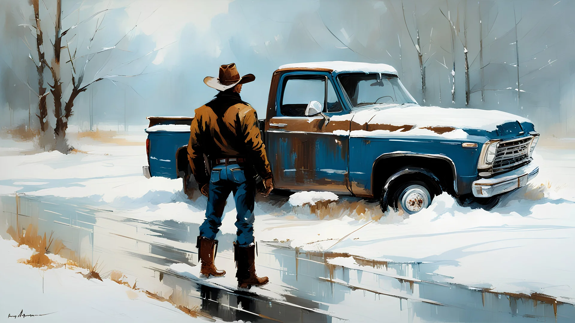 a cowboy standing by a blue pickup truck that is stuck very deep in snow during a snowstorm, with lots of blowing snow :: by Robert McGinnis + Jeremy Mann + Carne Griffiths + Leonid Afremov, black canvas, clear outlining, detailed