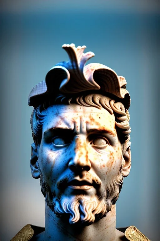 Ultra Realistic image, Roman sculpture, white marble material, Lionel Messi, gold Laurel leaves wreath, renaissance ornaments, one gold star in heart, sun ornament, blue marble background, chisel style, waist up portrait, emperor style, epic, celestial, cinematic lighting, God light, god rays, 4k resolution, smooth details, ornate details, soft lighting, unreal engine 5, art station, substance 3d.