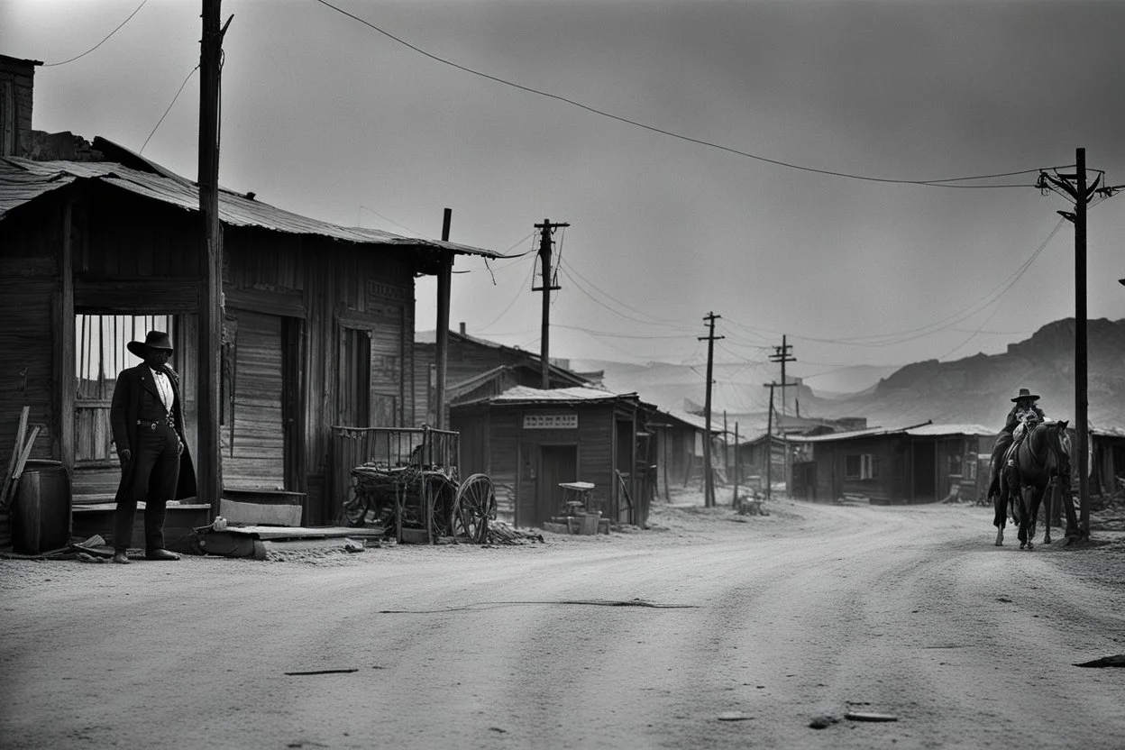 [very impressive high res masterpiece in Kodak Eastman 5247, scene by László Krasznahorkai] the Black or Afro-American sheriff in the Wild West. A tale as rare and powerful as a shooting star in the night sky. Picture this: a lone figure, standing tall in the dusty streets of a frontier town, a badge gleaming on their chest, defying the odds and challenging the stereotypes of the time.
