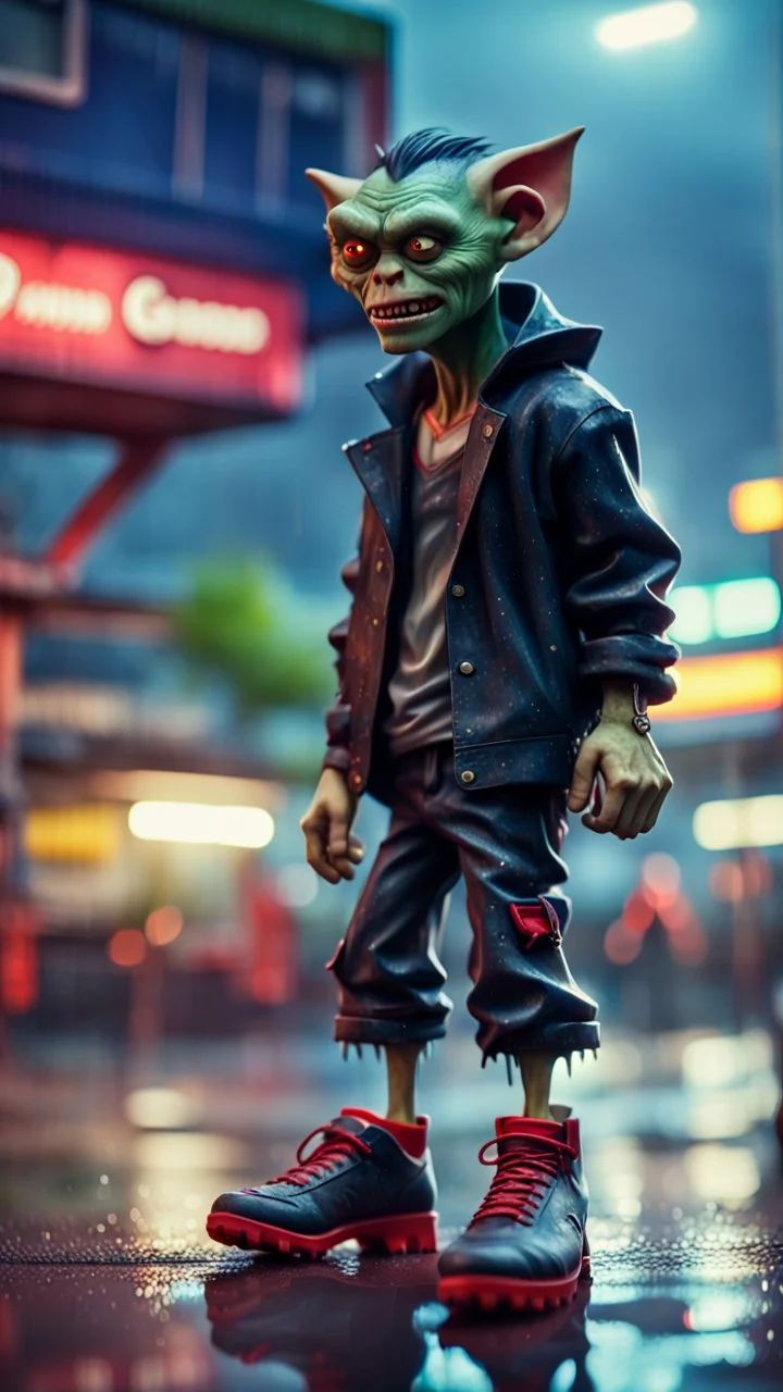 full figure portrait of a vampire werewolf goblin gremlin with soccer boots on wet asphault in front of gaz station, in the style of Gorillaz,bokeh like f/0.8, tilt-shift lens 8k, high detail, smooth render, down-light, unreal engine, prize winning