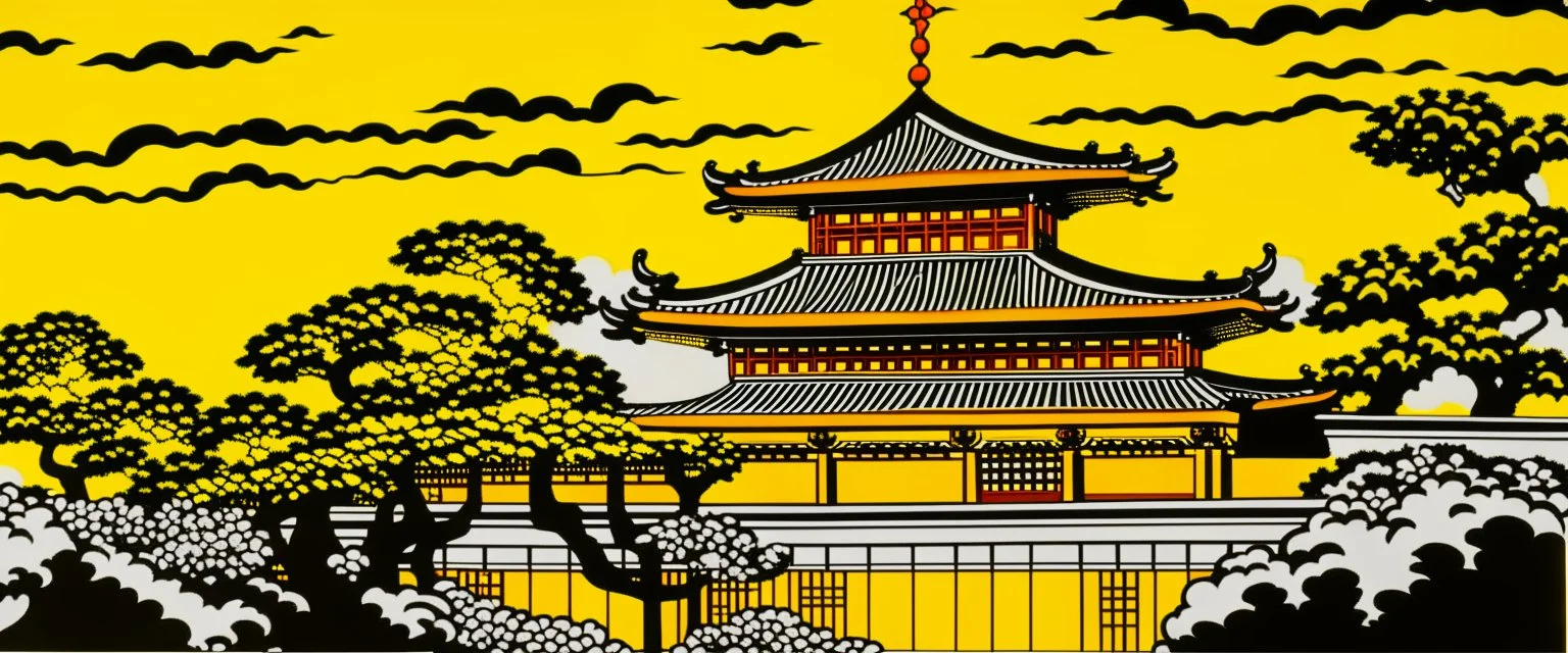 A yellowish orange fiery Japanese royal palace painted by Roy Lichtenstein