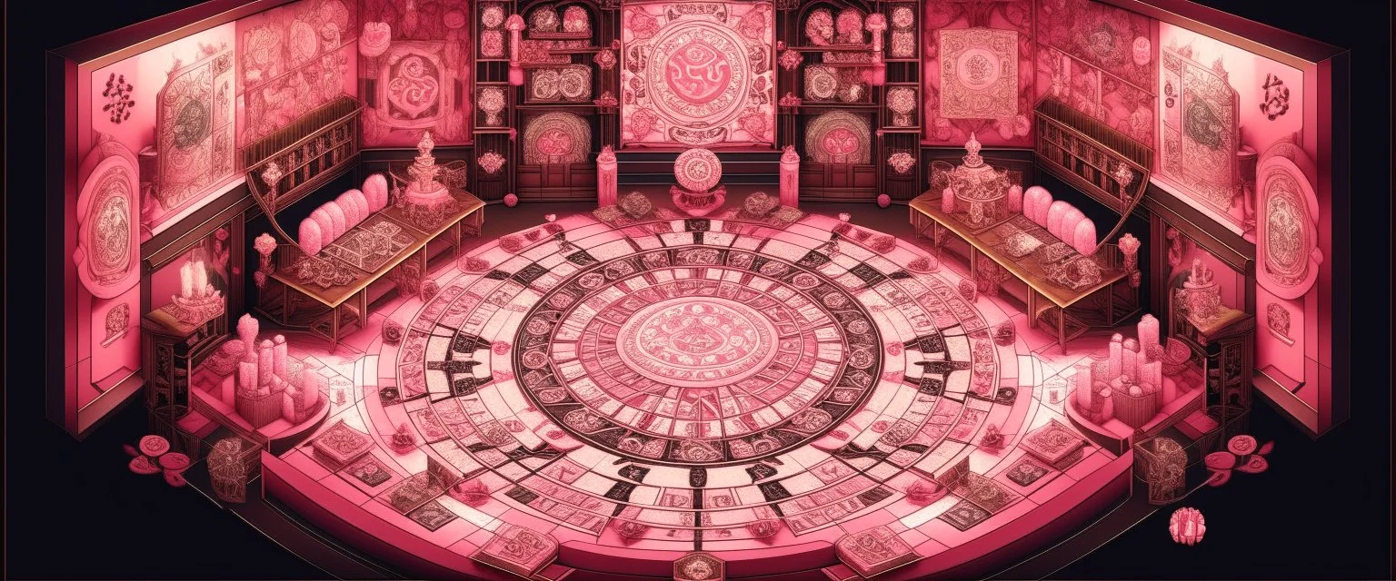 A pink magical casino with runes designed in Heidrun manuscripts