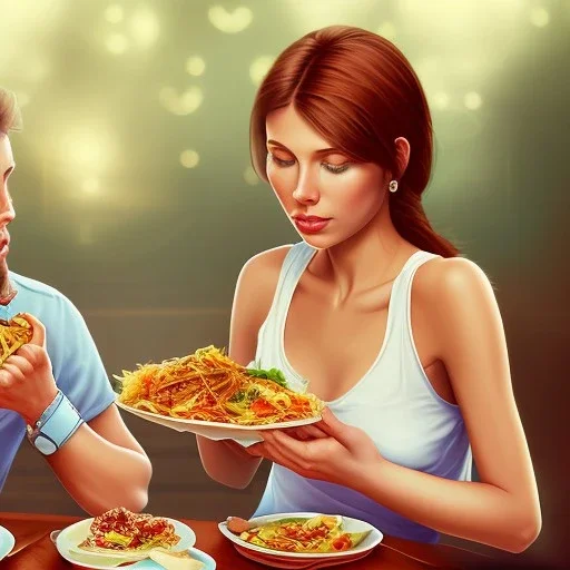 A girl eating a meal with her boyfriend who is having an erection