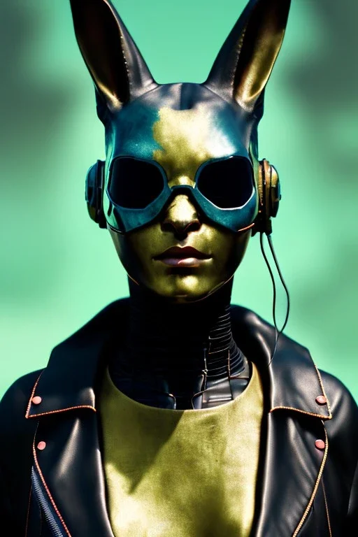 Medium Close Up Portrait, Front image. cyberpunk, rabbit mask, Chinese woman, long hair. latex, glossy suit. Yellow, black, red, color. Mad max style. Color background, photo studio. Avatar image, highly detailed, concept art, smooth, unreal engine 5, god rays, ray tracing, RTX, lumen lighting, ultra detail, volumetric lighting, 3d, finely drawn, high definition, high resolution.