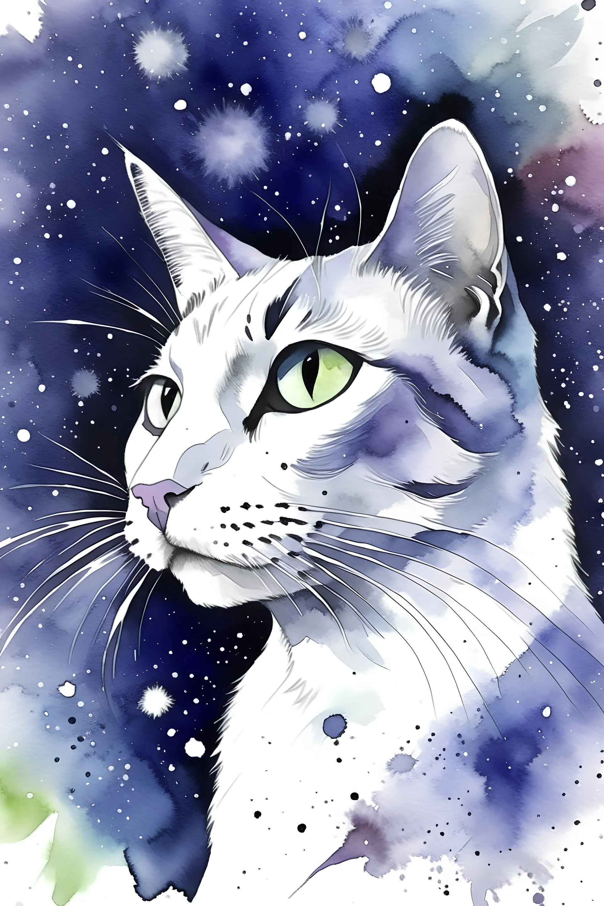 painting of a whole cat, in the center of the picture with space around it taking up only one third of the image, in watercolour, in the background a purple sky with stars and northern lights, splatter, art, aquarell, pastell, ink, soft, negative space, white outlines