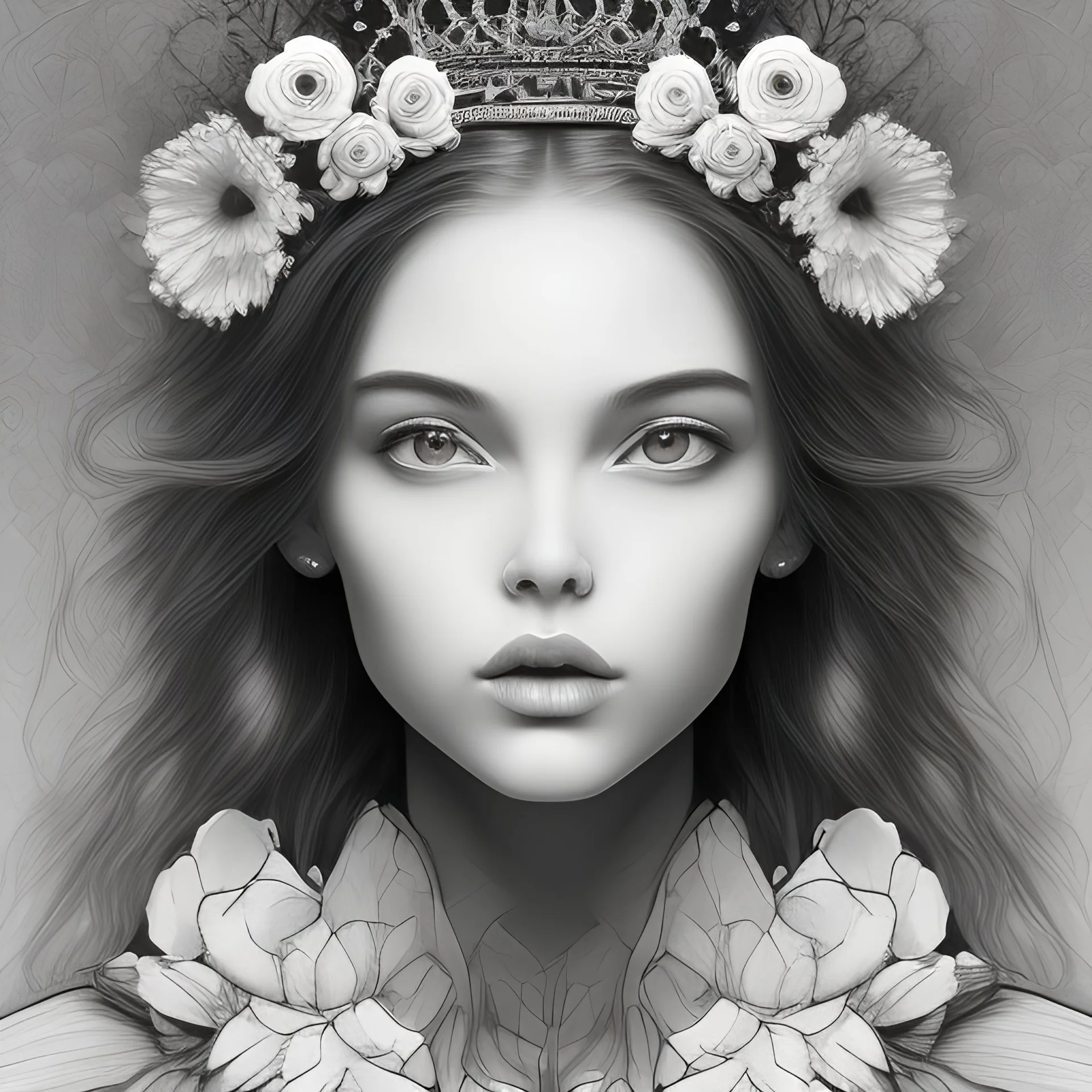 full Closeup face portrait of a girl wearing crown of flowers,line drawing