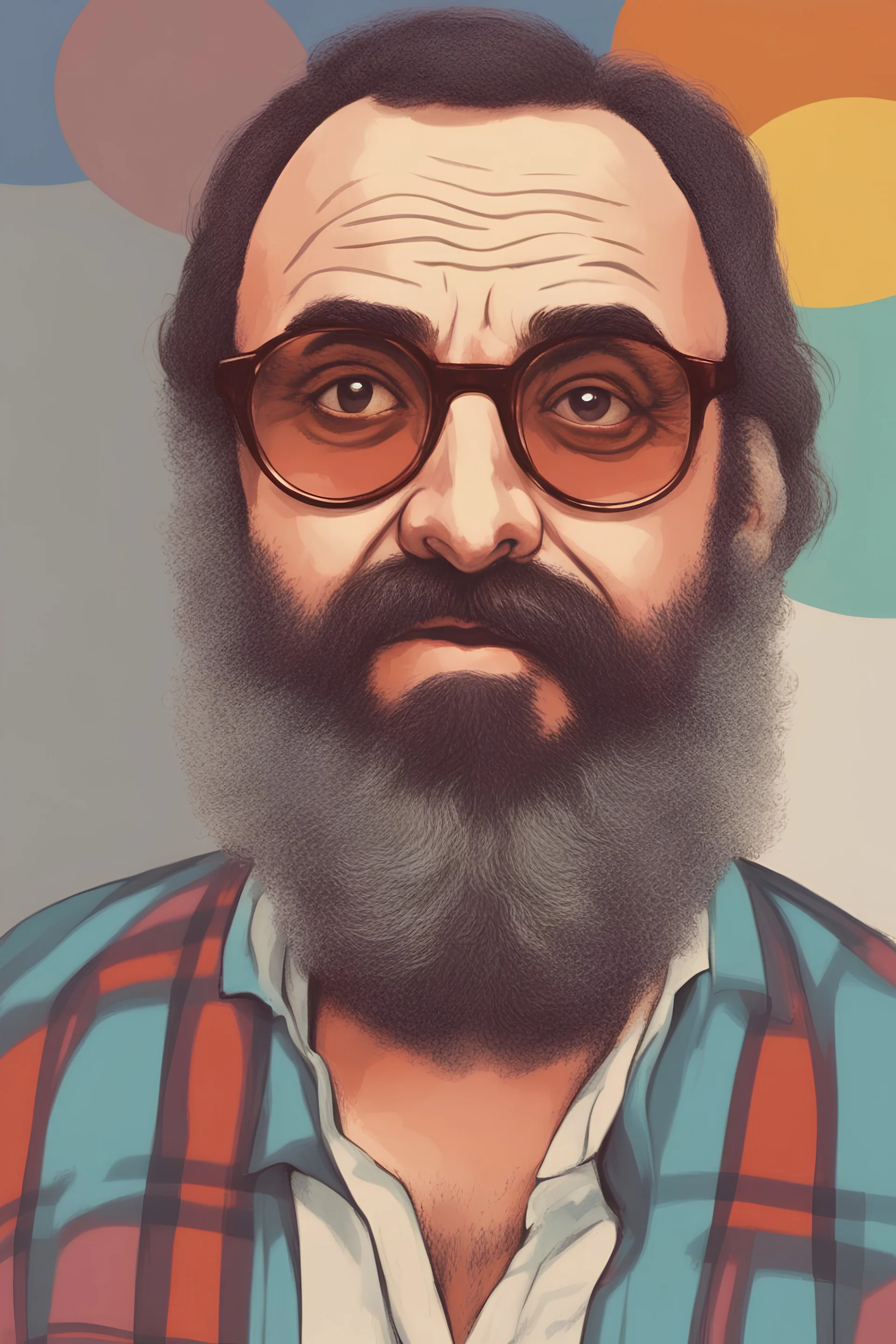 Man similar to demis roussos with glasses of colours and poor and short short short and poor hair on the head with receding hairline. Farsightedness glasses with big eyes. Shirt beard in the head. Vintage look and feel like photo style-of the 70s