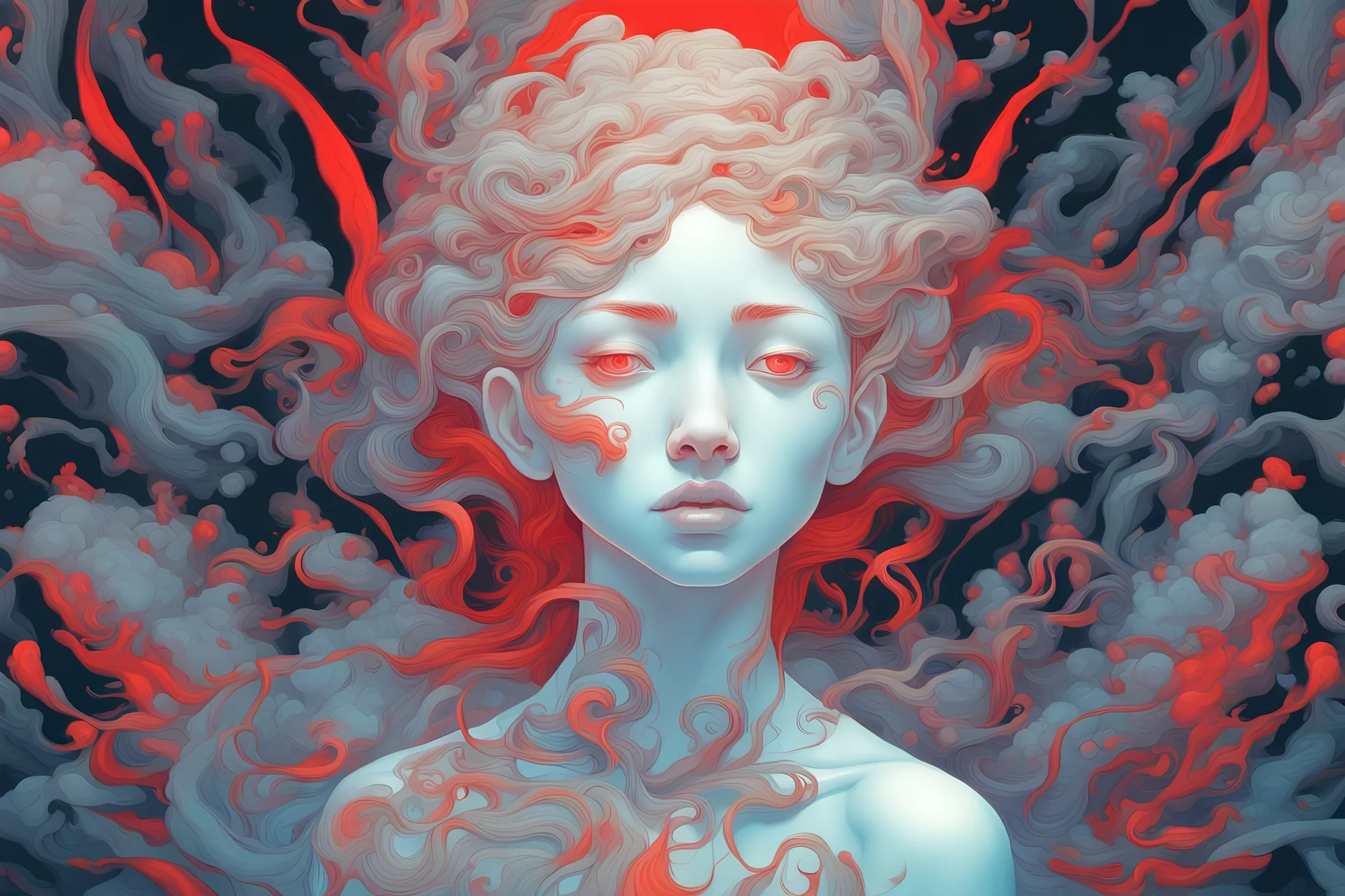 backgound in James Jean illustration style, vibrant colors, red colors, intricate details, flowing objects, ethereal lighting, digital painting, 4k resolution, black background