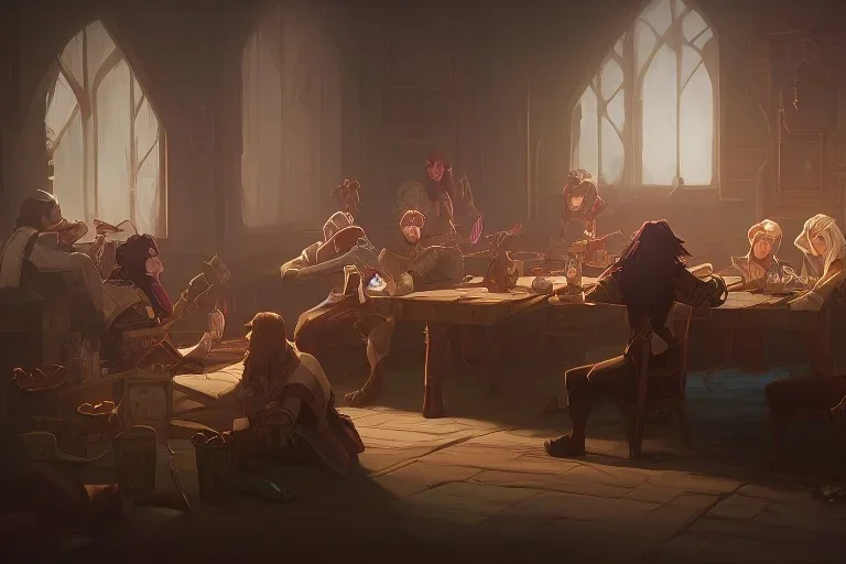 4 Adventurers Resting in tavern beds, fantasy