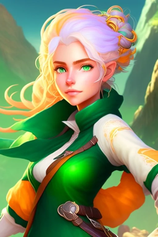 fantasy setting, woman ranger traveler with orange and white hair, pastel green eyes, kind, soft facial traits