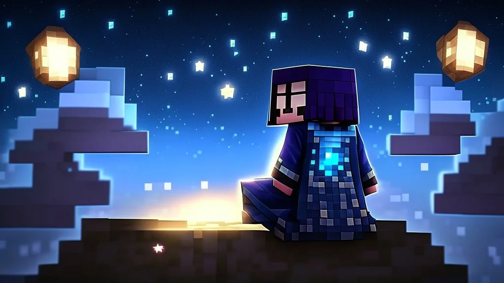 Minecraft Character, minecraft theme, purple starry sky, meditating, facing back, wearing gown, chinese theme,