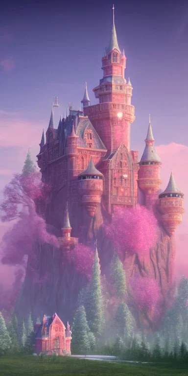 Ice cube shaped castle. pink houses, pink sky, pink smoke, trees, outdoors. street.