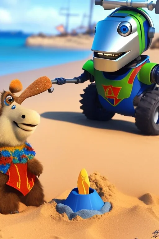 The robot and the moose on the beach happily making sandcastles in the sun, art by Pixar and Disney