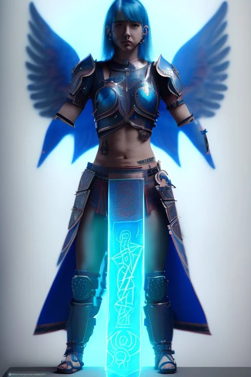 a person in runic armor with blue wings, blue short hair, runic tattoo and spell book