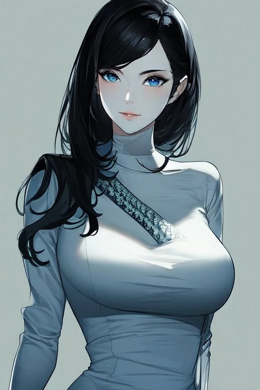 generate a realistic image of a skinny girl with white skin blue eyes and black hair