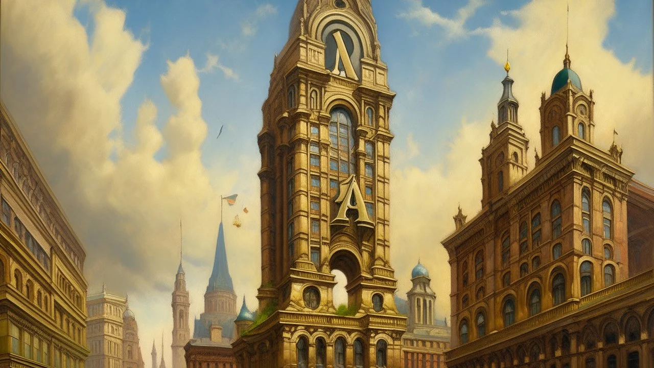 A vintage oil painting of a majestic letter "A" standing tall as a grand building in a bustling city