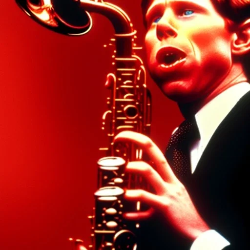 REd-haired Ron howard Is richie from happy days playing his saxophone with his "closed-eyelids", rock band, blowing embouchure, joanie cunningham