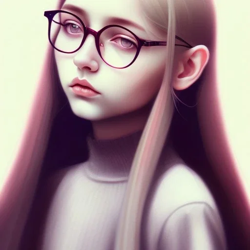 three girls, glasses, portrait, darkred tones, leaning pose, watercolor illustration, sueter, long white hair, cute, small girl, symmetrical, emotionless, big dreamy eyes, intricate, colored hair, dead eyes, emotionless face, long white hair, Portrait, full body, realistic painting, tattoo, octopus, squid, intricate detail ,